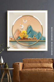 新中式光影几何山水发财鹿装饰画