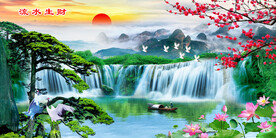 迎客松瀑布山水装饰画