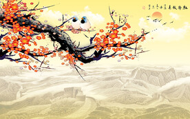梅喜鹊长城红梅报春背景墙