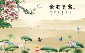 花鸟九鱼荷塘戏鱼背景墙