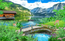 流水生财风景山水背景墙