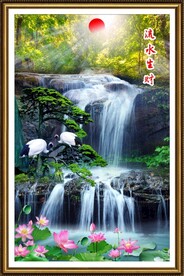 流水生财迎客松山水装饰画