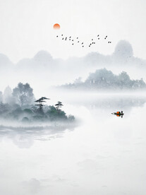 意境蓝色简约水墨山水