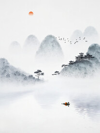 中式意境水墨山水画