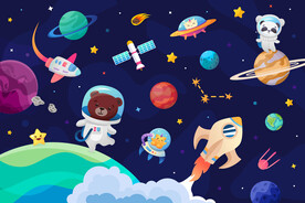 卡通太空火箭可爱动物星球背景墙