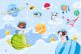 宇宙星球卡通动物宇航员星空背景