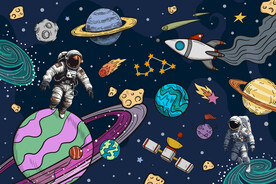 手绘宇宙星球卡通太空宇航员背景