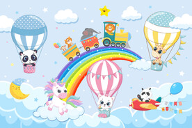 可爱动物小火车卡通彩虹气球背景