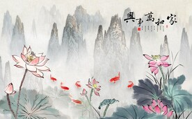 新中式手绘荷花背景墙