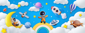 卡通立体太空星球宇航员火箭背景