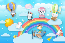 3D卡通彩虹可爱动物气球背景墙