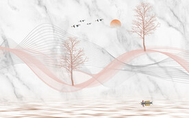 意境抽象线条仙鹤山水背景墙