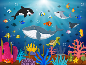 卡通海底鲸鱼海洋动物珊瑚背景墙
