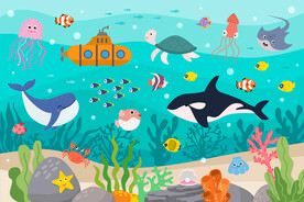 卡通潜水艇海洋鲸鱼珊瑚海底背景