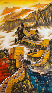 竖幅金色长城山水画