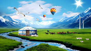 草原河流蓝天白云