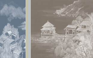 中式金色线描国画建筑电视背景墙