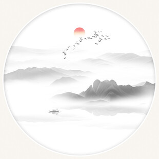 圆形山水画水墨图