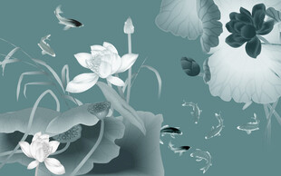 工笔荷花九鱼图国画风背景墙