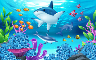 蓝色海底世界卡通背景墙