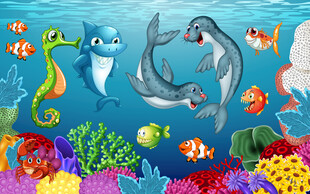卡通海豚珊瑚儿童背景墙