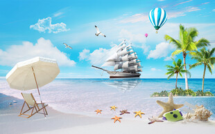 蓝色大海沙滩背景墙