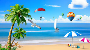 蓝天白云大海沙滩背景墙 