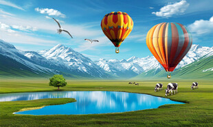 蓝天雪山白云草原背景墙