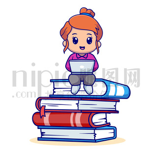 可爱卡通坐在书籍上的小女孩