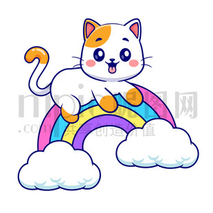 可爱卡通趴在彩虹上的猫咪