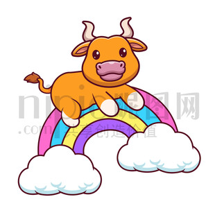 可爱卡通趴在彩虹上的黄牛