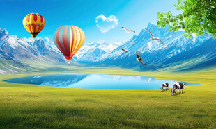 蓝天白云绿草地背景墙