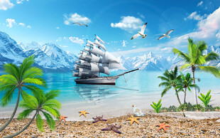 蓝天白云沙滩大海背景墙