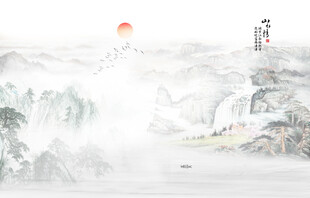 中式青绿山水国画电视背景墙