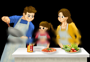 手绘插画 一家三口 下厨