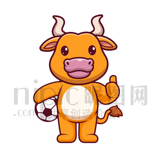 可爱卡通爱踢足球的公牛黄牛