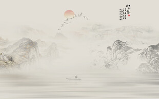 古风国画山水情背景墙画