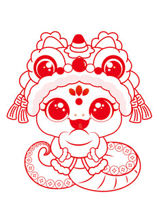 手绘快乐蛇舞狮子线稿插画