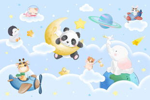 卡通云朵月亮可爱动物儿童背景墙