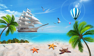 蓝天白云椰树大海背景墙