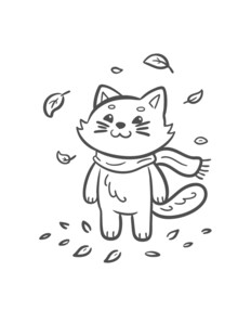 动物简约线条秋天落叶戴围巾小猫