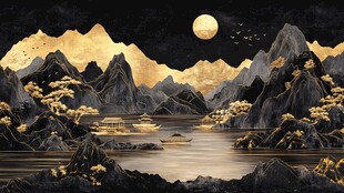 日本画　山水画　金箔背景 金箔山水画素材-金箔山水画图片-金箔山水画设计模板-昵图网