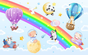 卡通彩虹气球可爱动物儿童背景墙