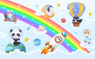 卡通彩虹气球可爱动物太空背景墙