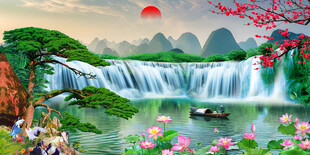 高山流水瀑布山水画