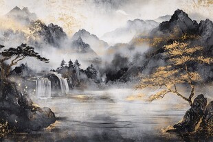 新中式金色山水画金箔背景墙素材-新中式金色山水画金箔背景墙
