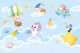 卡通云朵气球可爱动物儿童背景墙