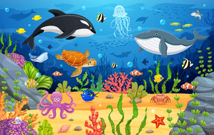 海底世界卡通鲸鱼珊瑚热带鱼背景