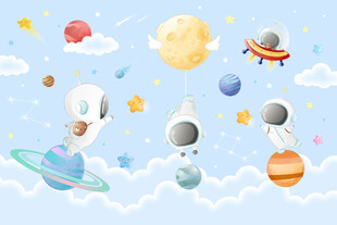 外太空宇航员卡通宇宙星球背景墙