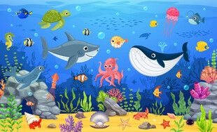 卡通鲸鱼海底鲨鱼珊瑚热带鱼背景